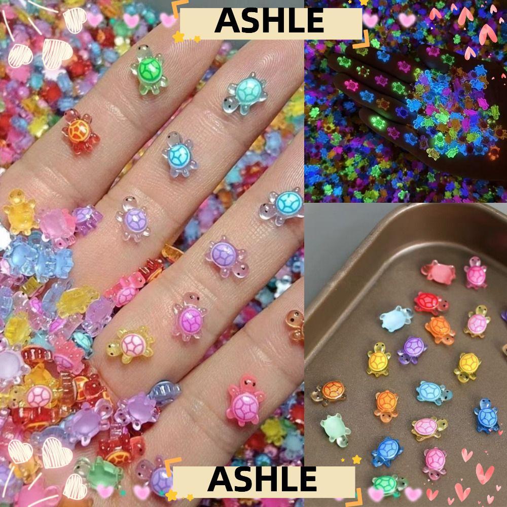 ASHLE เต่าเรืองแสง 100 ชิ้น, DIY การ์ตูนมินิสัตว์เรซิน, น่ารัก Dopamine สี Glow-in-the-dark MINI เต่าเล็บ Charms ตกแต่งสวนนางฟ้า