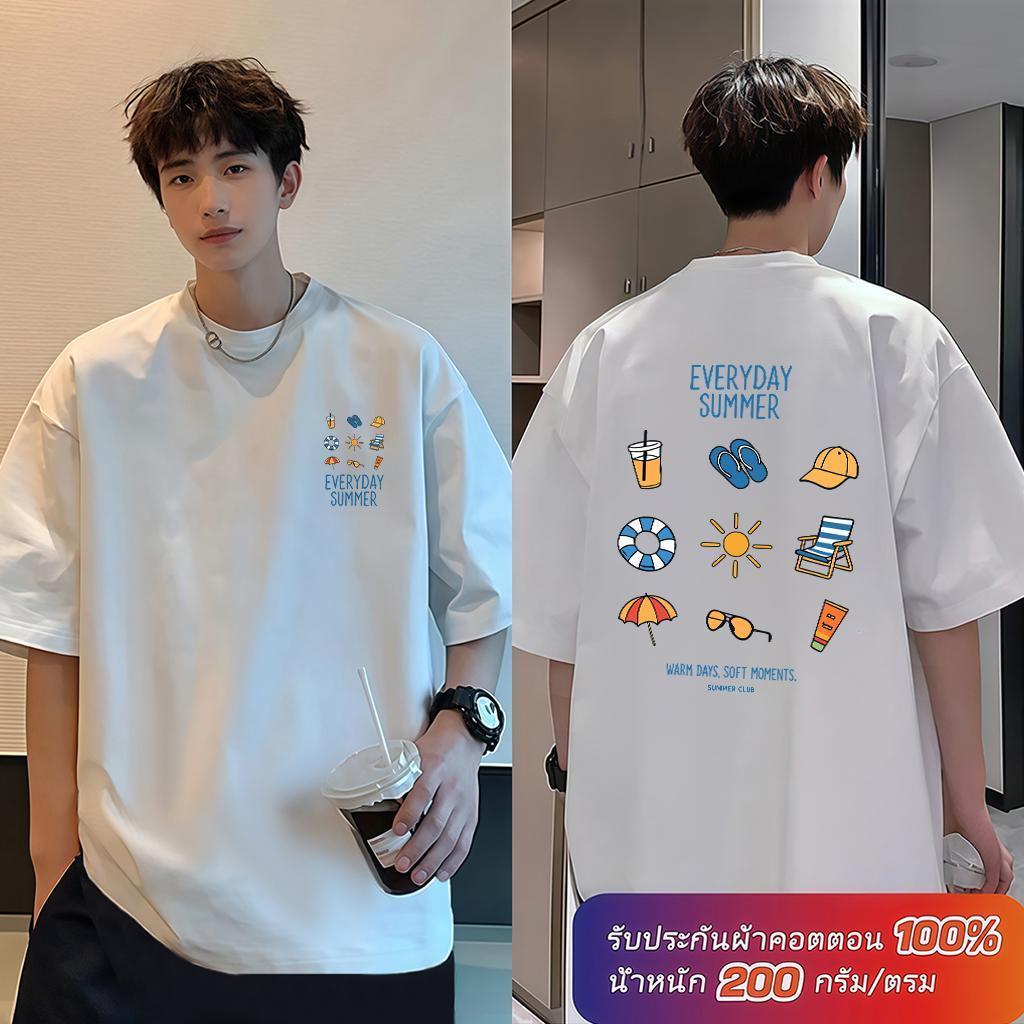 (ผ้าฝ้าย100%) Luvoro 2026 Cotton ย้อนยุค oversize T-shirt เนื้อผ้านุ่มระบายอากาศดี สีดำและสีขาว เสื้อยืดแขนสั้น C2158