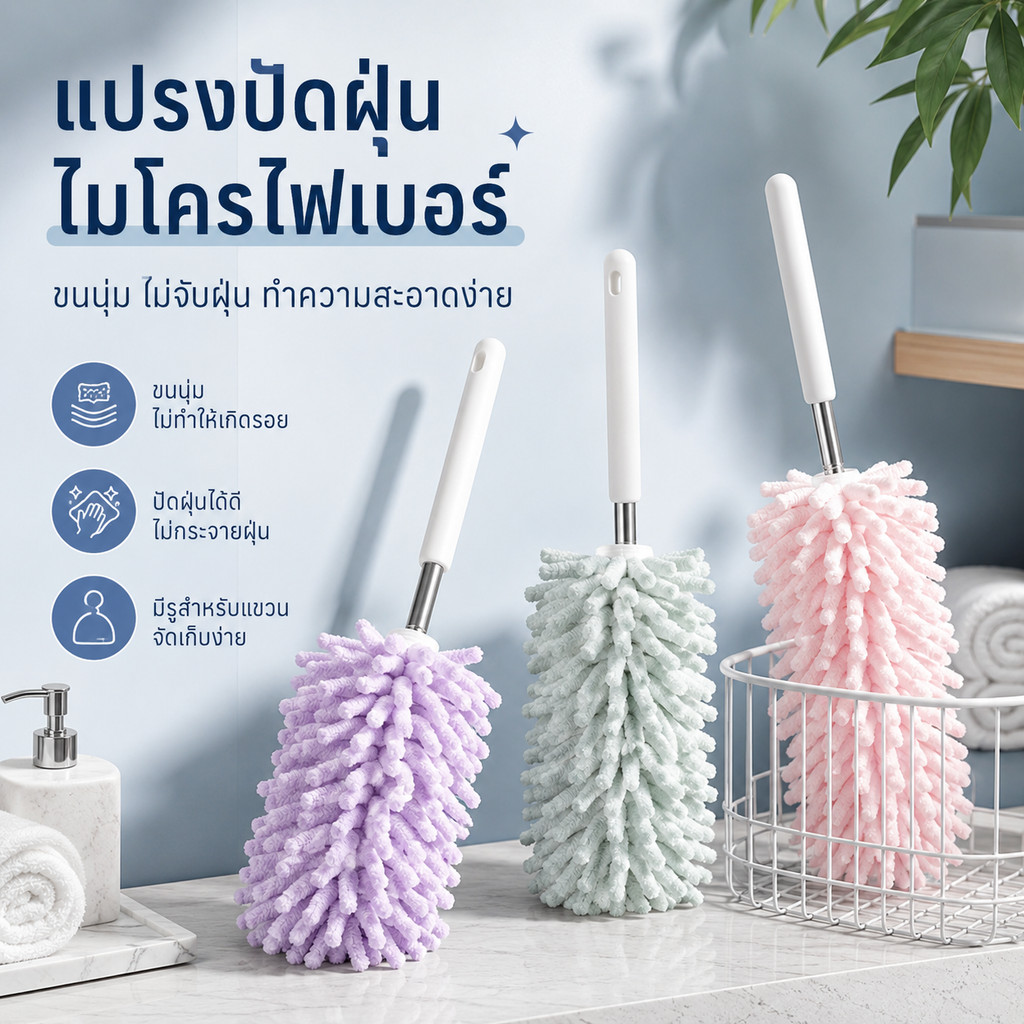 ไม้ปัดฝุ่นไมโครไฟเบอร์ ขนนุ่ม ด้ามยาว แปรงปัดฝุ่นทำความสะอาดบ้าน S00149