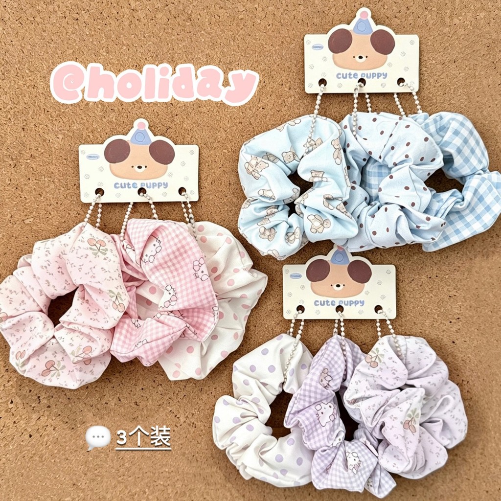 ใหม่สาวน่ารักหัวใจลายสก๊อตลายจุด Scrunchy แหวนผมชุดสามชิ้นสไตล์เกาหลี All-Match หางม้าเชือกผมหัว