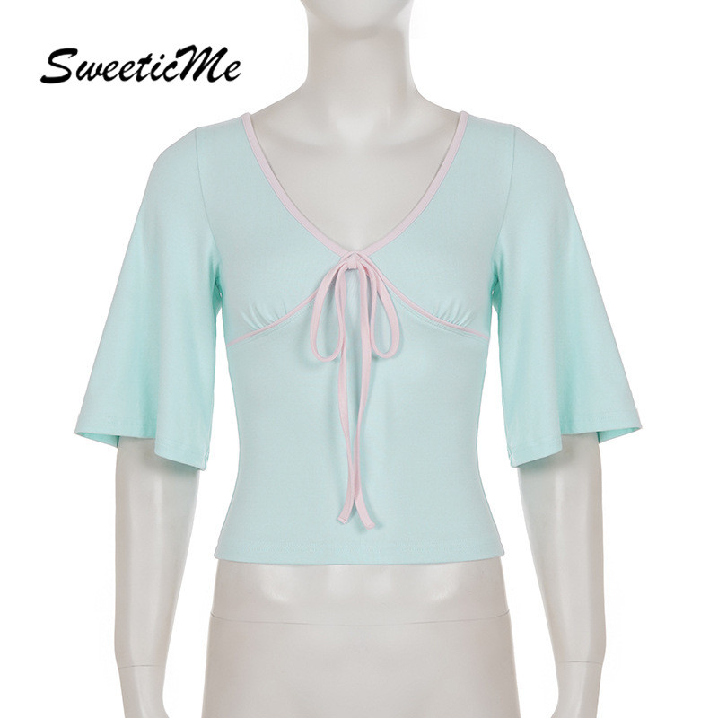 SweeticMe เสื้อสตรี 2026 ใหม่แฟชั่นคอวี Lacing Contrast สีเสื้อยืดแขนสั้น — صورة 7