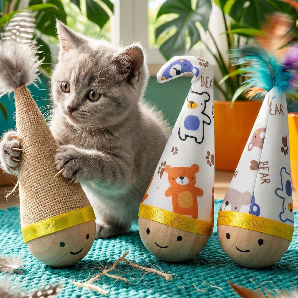 แก้วน้ําแมวลายการ์ตูน-Cat Tumbler Wobblerพร้อมFeatherของเล่นแบบโต้ตอบ-น่ารักกัดลูกบอลลูกแมว