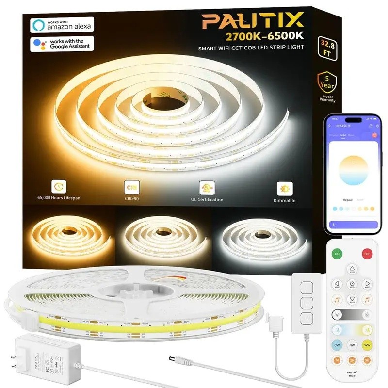 CCT COB LED Strip Light White Tunable 6400LEDs,CRI90 32.8ft 10m หรี่แสงได้ 2700K6500K 24V LED เทปไฟช