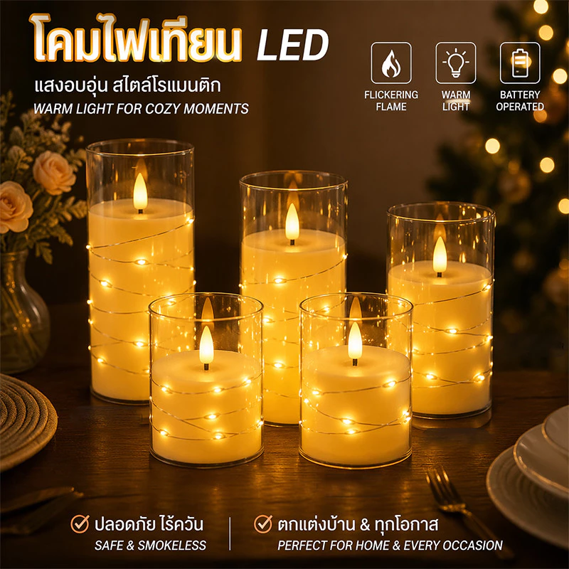NEW🔥โคมไฟเทียน LED ไฟกลางคืนกลางคืน อะคริลิค เทียนปลอม สไตล์โรแมนติก สําหรับตกแต่งบ้าน