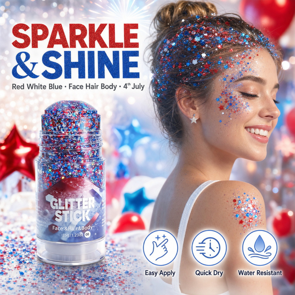 Patriotic Glitter Stick 4th of กรกฎาคม Face Body Hair Glitter แต่งหน้า Stick Chunky Glitter สําหรับง