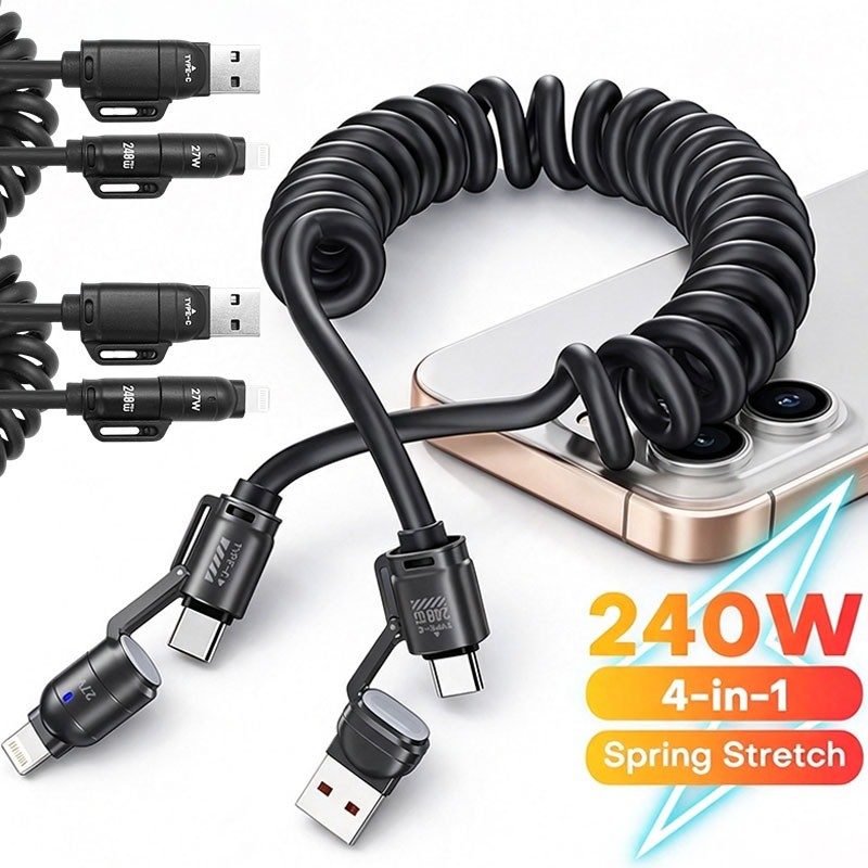 4in1 240W สายชาร์จแบบสปริงขนาดสั้น / 6A USB Type C สายเคเบิลข้อมูลการชาร์จอย่างรวดเร็วแบบพับเก็บได้