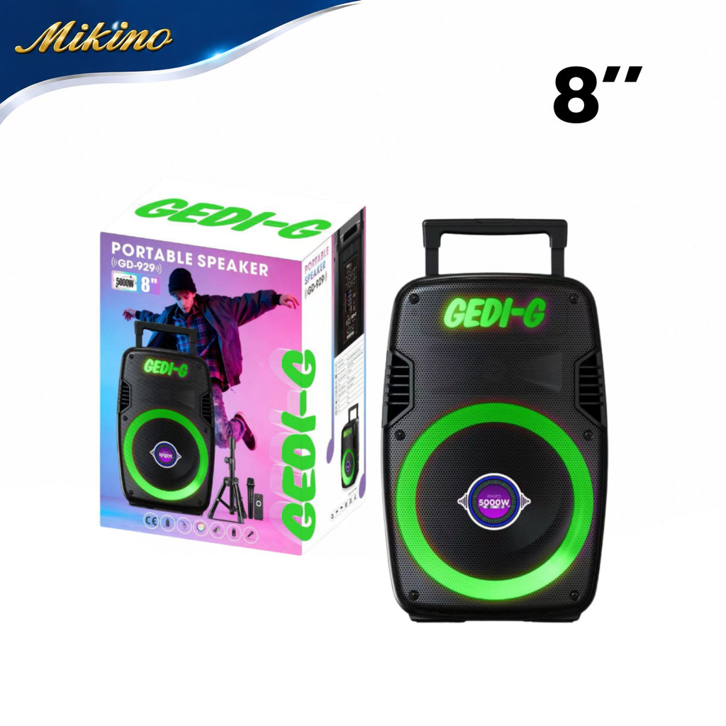 ลำโพงพกพา  รุ่น GD-929   ขนาดลำโพง 8 นิ้ว พร้อมไฟ RGB รอบลำโพง รองรับการเชื่อมต่อ Bluetooth, USB, TF