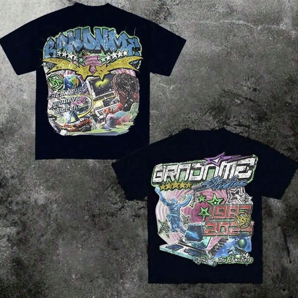 ขายร้อน/y2k Cyberpunk Style Graffiti พิมพ์แขนสั้นผู้ชาย High Street Hip-hop Street Wear oversize หลว