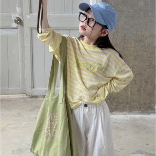 PRETTY BABY เสื้อแขนยาวเด็ก เสื้อยืดตอกลม ทรงโอเวอร์ไซส์ ลายขวาง (2337)
