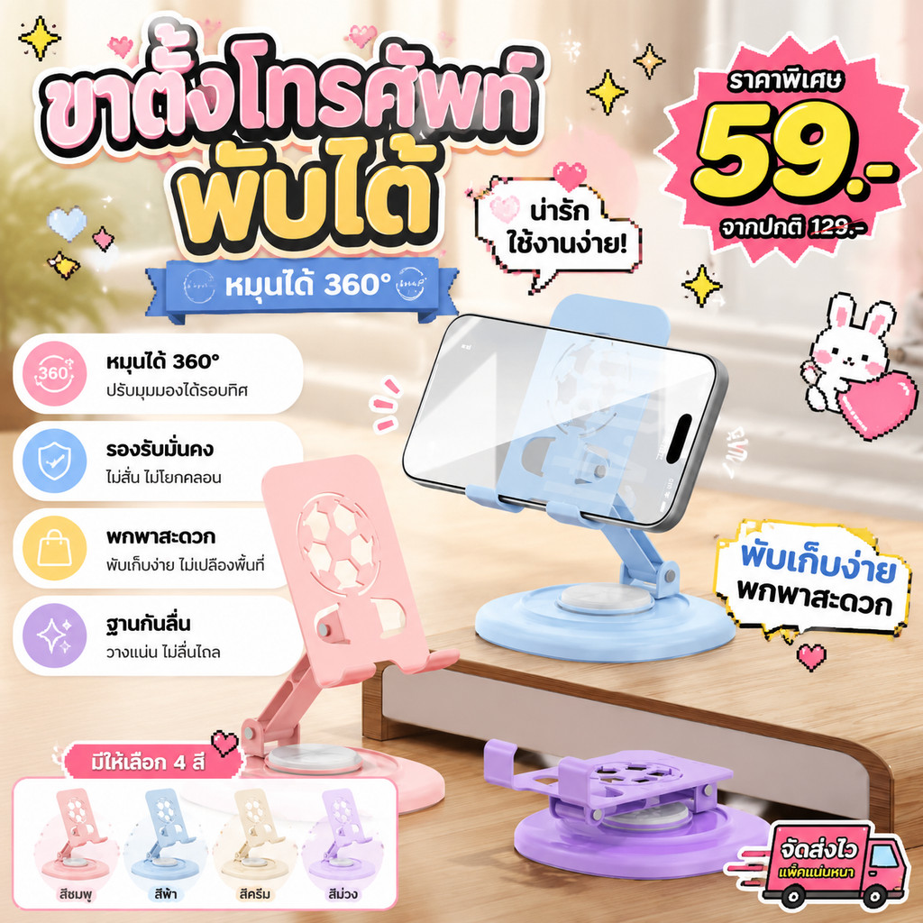 ที่วางโทรศัพท์ หมุนได้ 360 องศา วัสดุโลหะ แบบพกพา แท่นวาง เล็กกะทัดรัด ที่วางมือถือตั้งโต๊ะ สีมาสคารอน ฐานกันลื่น