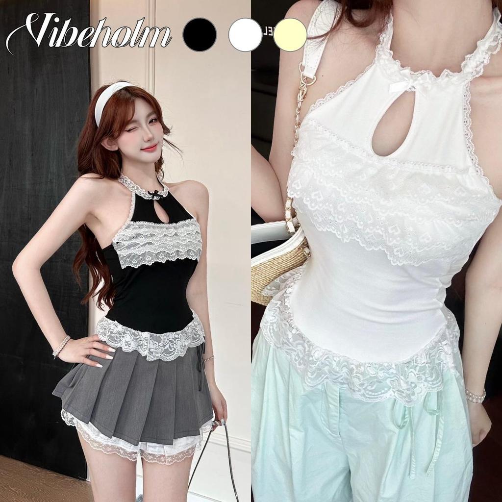 เสื้อไหล่เดียวขอบลูกไม้เพื่อนําเสนอสไตล์สาวเท่.เหมาะสําหรับผู้หญิงฤดูร้อนสไตล์เกาหลีรุ่นเข้ารูปแขนกุด