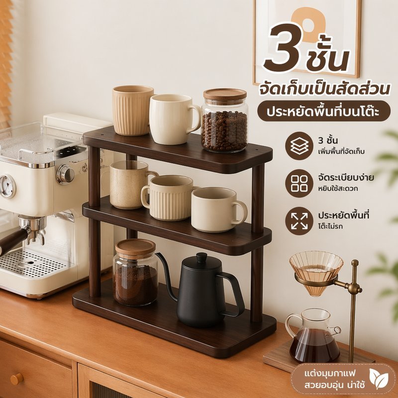 ชั้นวางของตั้งโต๊ะ 3 ชั้น ที่วางแก้ว ที่วางถ้วยกาแฟ ไม้ไผ่ MDF จัดเก็บอเนกประสงค์ มุมโค้งมน