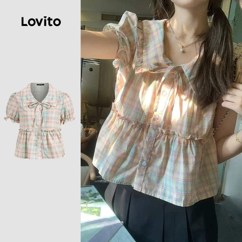 (วันหยุด) Lovito เสื้อบลاؤส ปุ่ม คอมพ์ปีกผัก กริตเตอร์ชายระบาย แขนสั้น ฤดูใบไม้ผลิ/ฤดูร้อน เกาหลี อินเทรนด์ L144AD050