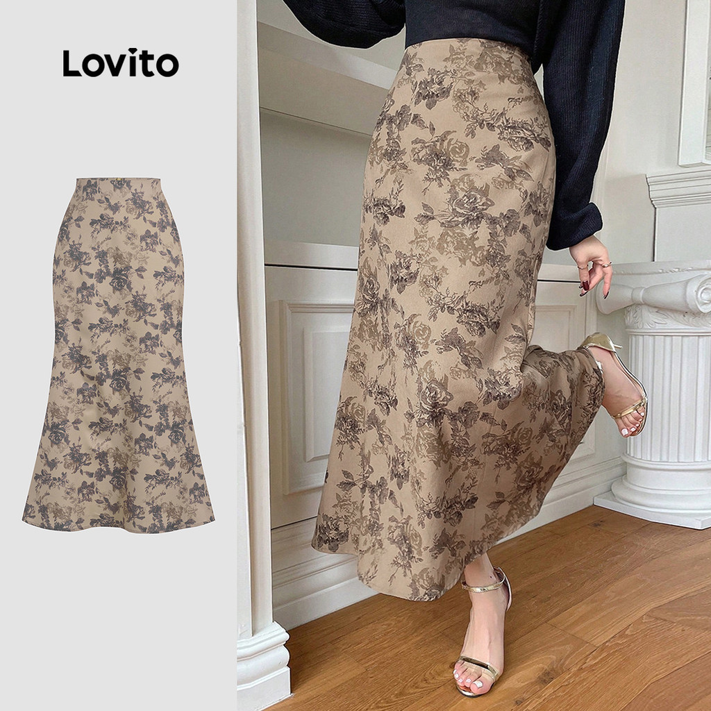 Lovito สง่างาม กระโปรงวินเทจผู้หญิง ลายดอกไม้ ทรงโค้งมน กระโปรงฤดูร้อน/ฤดูใบไม้ผลิ L131LD1232