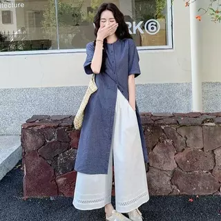 mimi-ชุด 2 ชิ้น สำหรับผู้หญิง:เดรสเชิ้ตทรงหลวมลายตารางสไตล์ญี่ปุ่นสุดอาร์ต + กางเกงขายาวทรงบานลำลอง สไตล์เกาหลี#99555+56