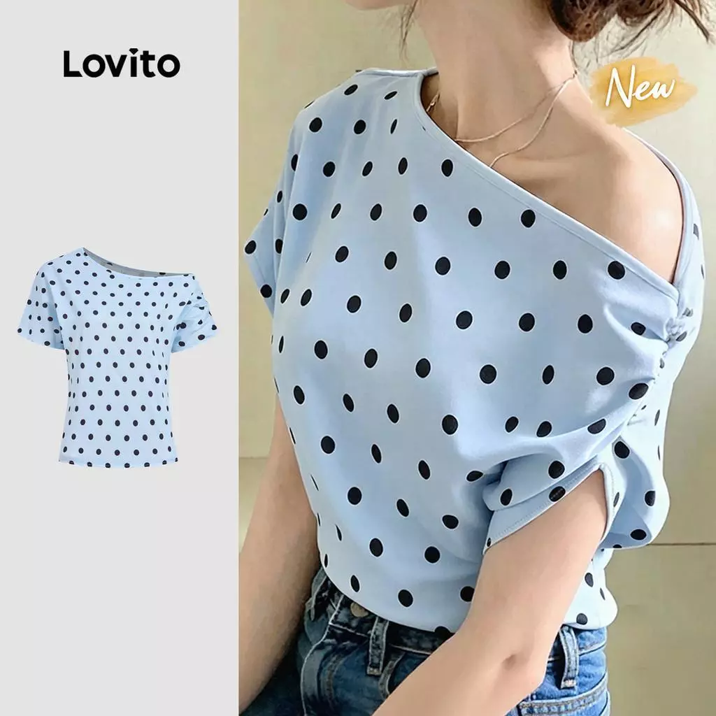 (New Arrival) Lovito เสื้อเบลาส์ผู้หญิง ดีไซน์หรูหรา แบบไม่สมมาตร ดีไซน์ไหล่เปิด เหมาะสําหรับฤดูใบไม้ผลิและฤดูร้อน L199ED401