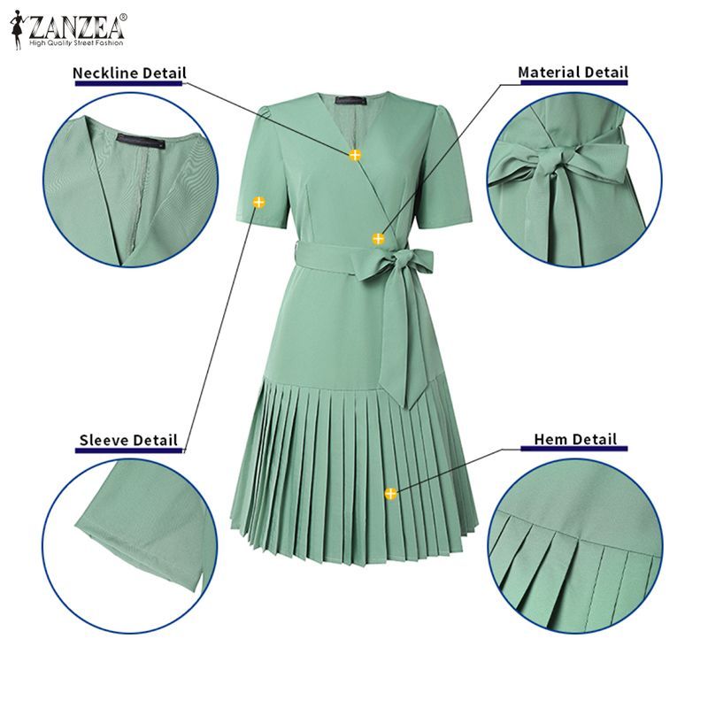 ZANZEA ใส่ ซานเซีย ผู้หญิงเกาหลีหรูหราคอวีเอวบางด้วยซิปด้านข้างไม่มีกระเป๋าแขนสั้นชุดชิ้นเดียว — صورة 7