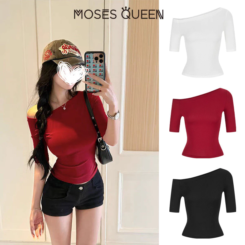 MOSESQUEEN โมเสสควีน เสื้อยืดแขนสั้นไม่มีแขนสําหรับผู้หญิงในฤดูร้อนที่มีความยาวกลางขนาดห้านิ้วเปิดไหล่และเสื้อท็อปครึ่งแขนที่ติดตั้ง #63966
