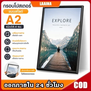 กรอบโปสเตอร์ A2 แบบสไลด์ ขนาด 42x59.4 ซม. เปลี่ยนรูปได้ง่าย กรอบติดผนังไม่ต้องเจาะ ขอบบาง สำหรับป้ายประกาศ โฆษณา