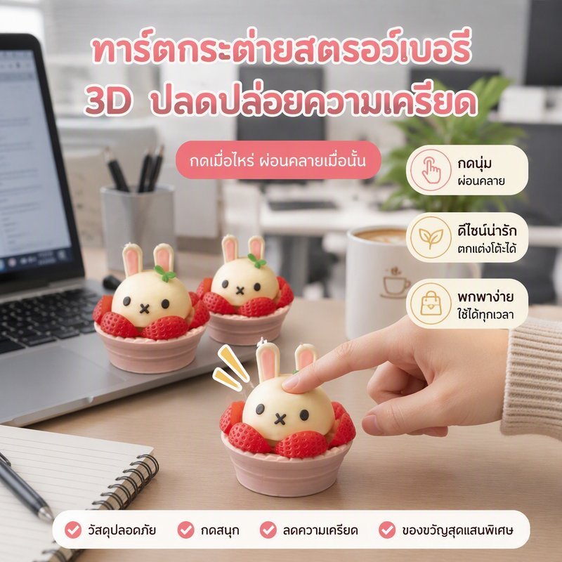 COD Clicker 3D Print Rabbit ทาร์ตไข่สตรอเบอร์รี่กระต่าย รายละเอียดสวย ของเล่นกดปลายนิ้วคลายเครียด ตกแต่งโต๊ะทำงาน