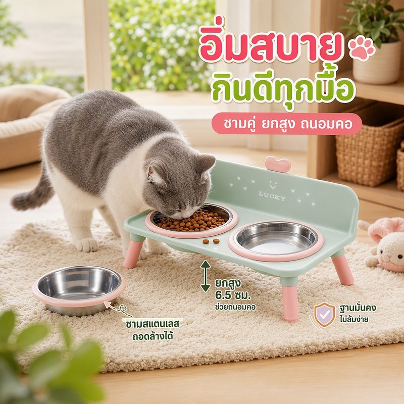 ชามอาหารแมว ชามอาหารสุนัข แบบยกสูง ฐานกันลื่น ชามสแตนเลส 304 ถอดล้างได้ ชามคู่