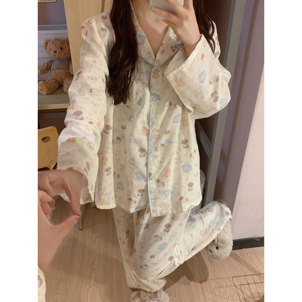 ชุดนอนสุภาพสตรี Cloud Cotton Pyjama ชุดแขนยาว Turn Down Collar Comfort ชุดนอน