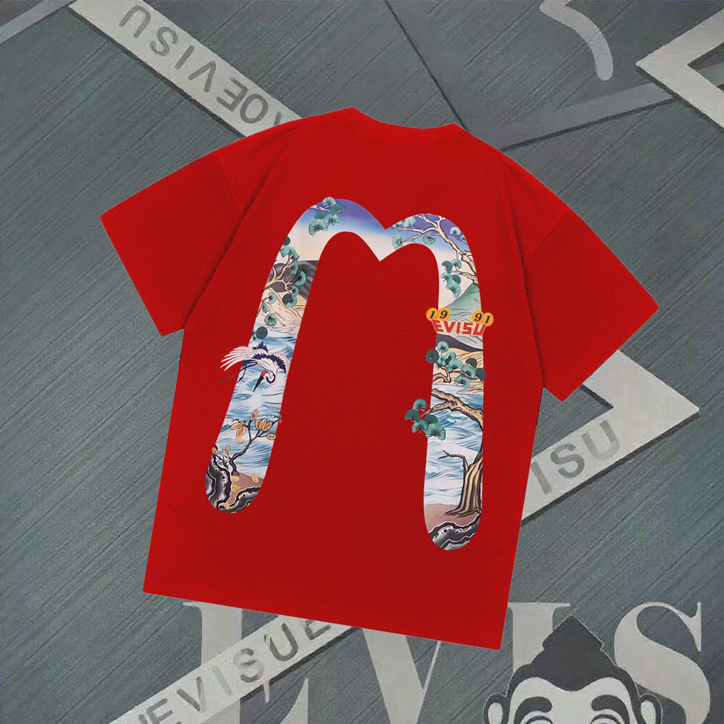 EVISU/God of Fortune/2026 คลาสสิกรอบคอแขนสั้นเสื้อยืดผู้ชายผู้หญิง Niche อินเทรนด์ Slim-Fit Slimmer 