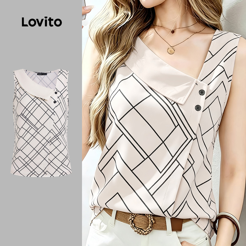 Lovito เสื้อเบลาส์ลําลองผู้หญิง สีตัดกัน แบบไม่สมมาตร ติดกระดุม สําหรับฤดูใบไม้ผลิ/ฤดูร้อน L196ED298