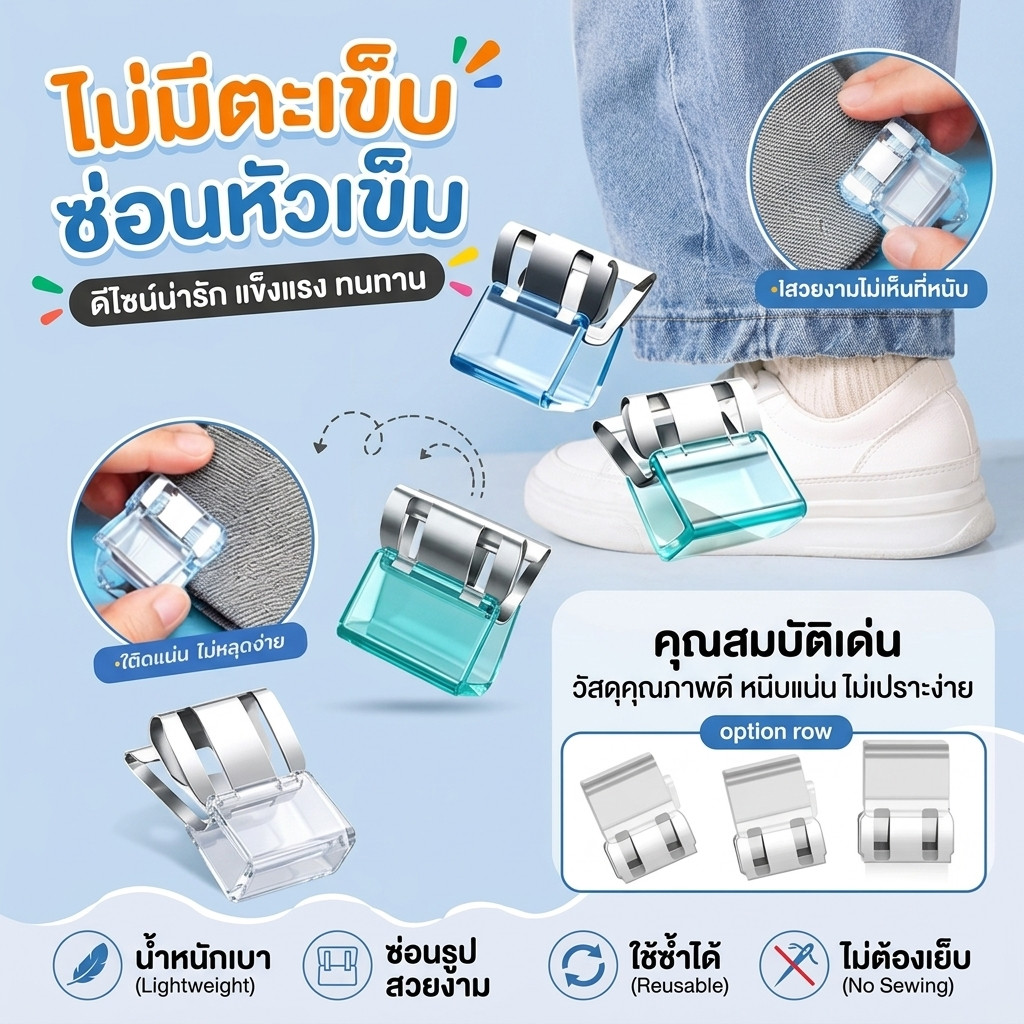 คลิปหนีบขากางเกง ที่หนีบขากางเกง ไม่ต้องเย็บ ปรับความยาวขากางเกง ซ่อนไม่เห็นที่หนีบ ติดแน่นไม่หลุดง่าย