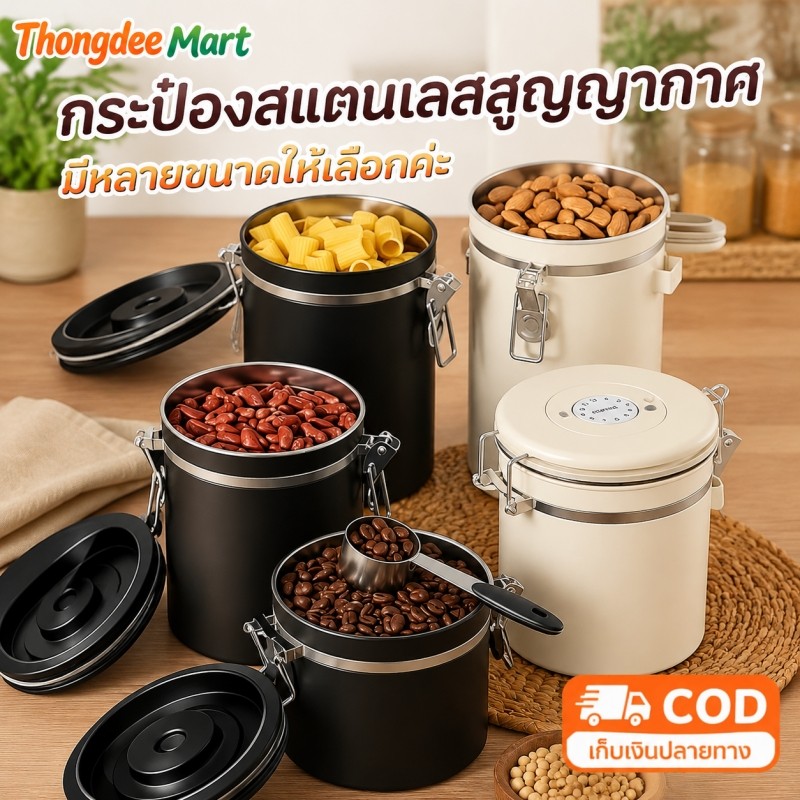 (พร้อมส่ง) กล่องเก็บเมล็ดกาแฟ ฟรีช้อนสแตนเลส กระปุกสแตนเลส สูญญากาศ กันความชื้นโหลสแตนเลส