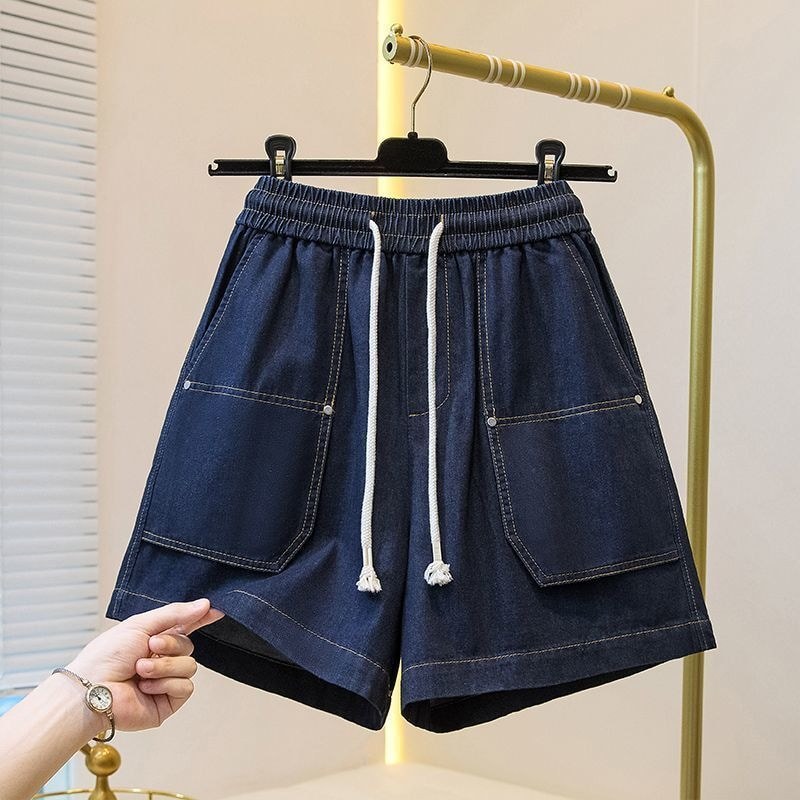 ไขมัน mm Plus ขนาดผู้หญิง Lace-Up เอวยางยืดหลวม Slimmer ดูยืดกางเกงขาสั้นผ้ายีนส์ผู้หญิง A-Line กางเ