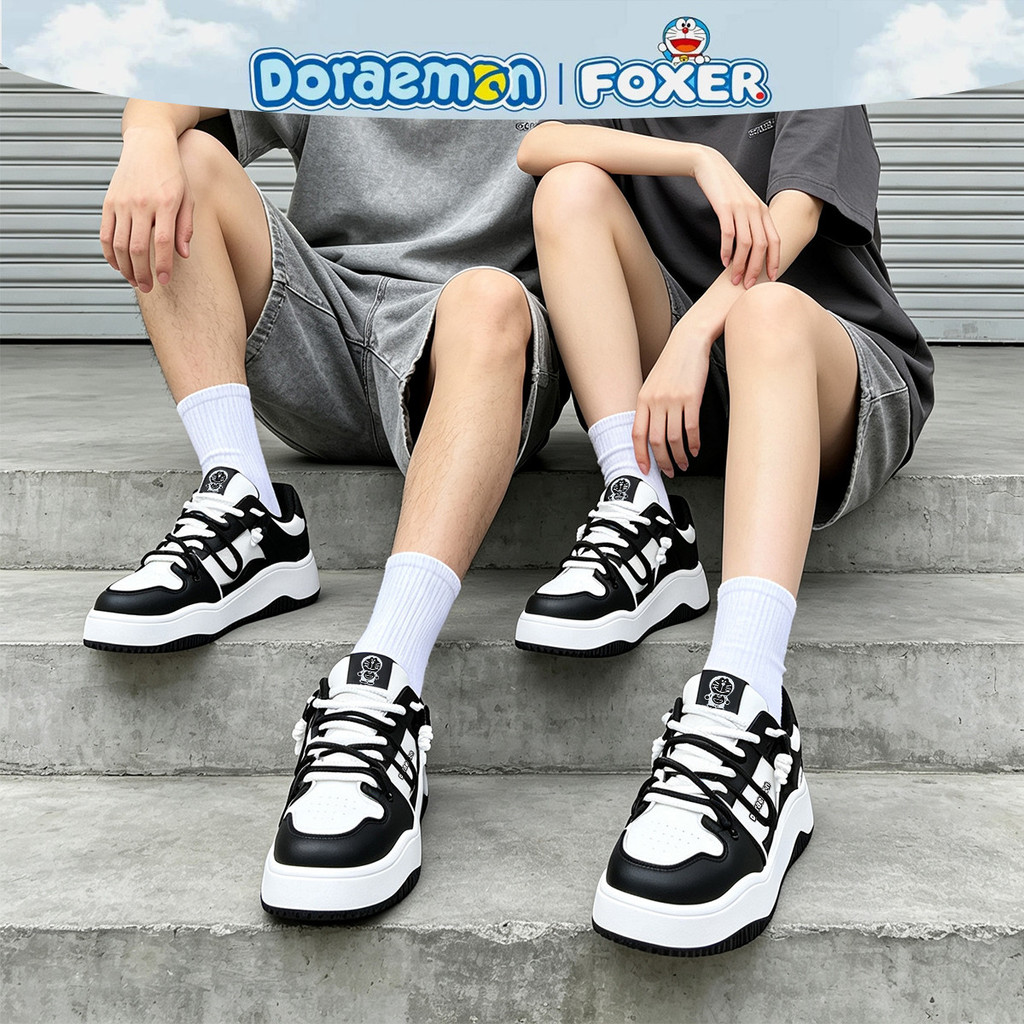 FOXER & Doraemon 2026 ผู้ชายผู้หญิงกีฬารองเท้าสบาย Casual Retro รองเท้าผ้าใบวิ่งสีดํา
