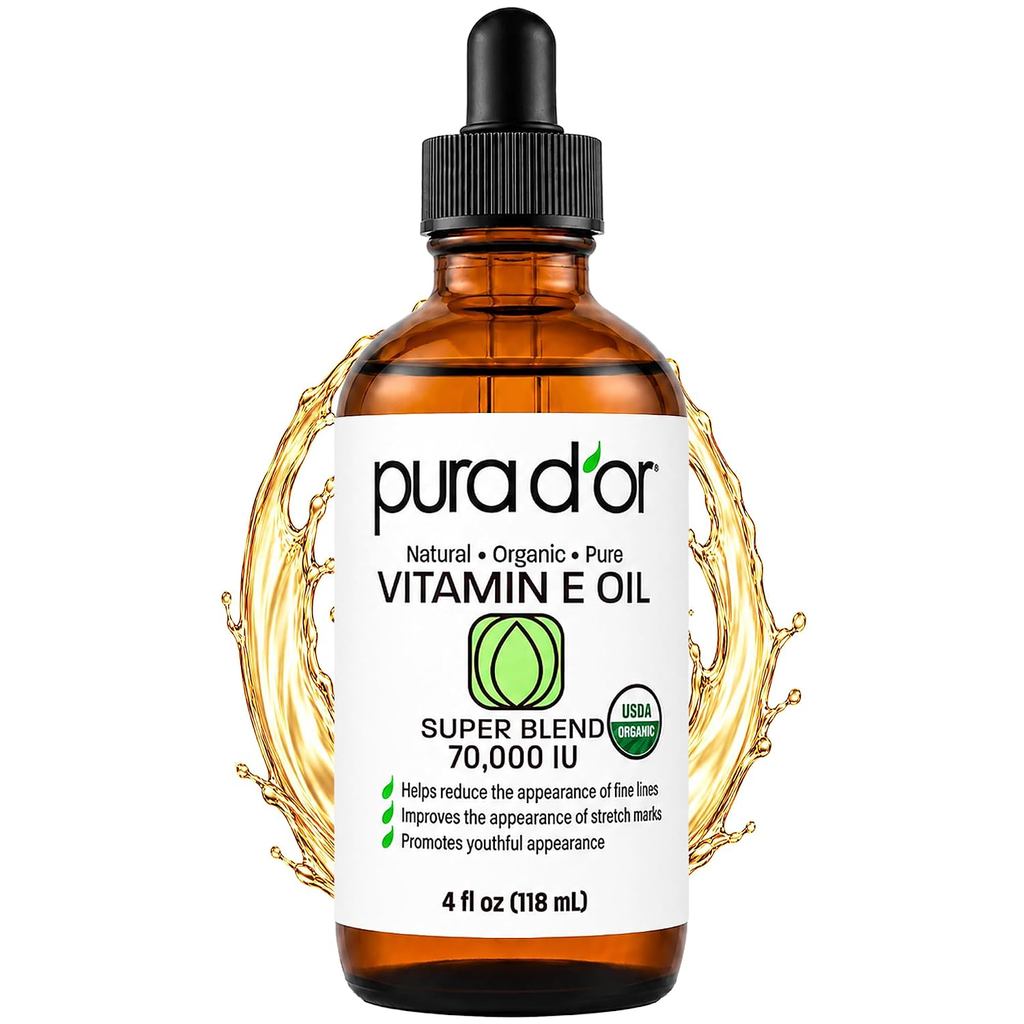 PURA DR 4oz น้ํามันวิตามินอีออร์แกนิก 70,000 IU, US แผนกการเกษตรที่ผ่านการรับรองผลิตภัณฑ์ดูแลผิว ถอน