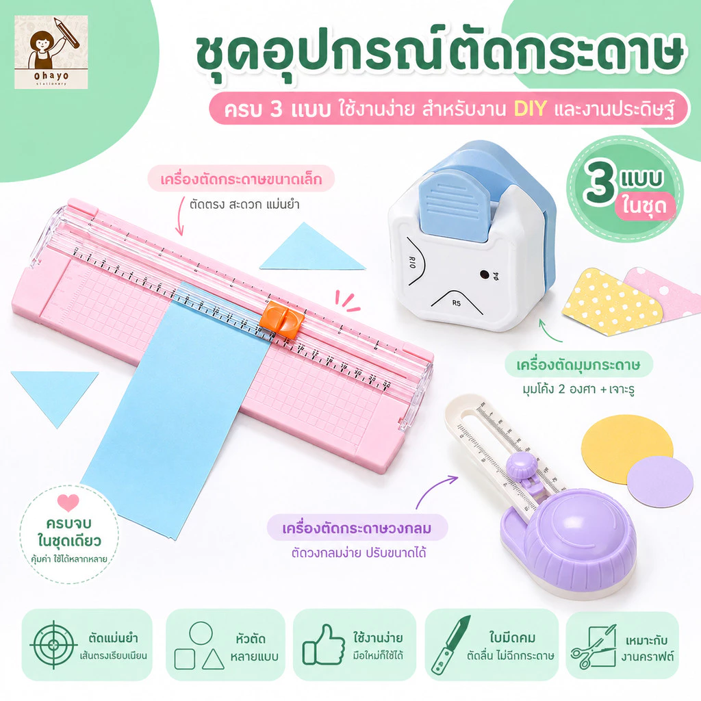 Ohayo เครื่องตัดกระดาษ A4/ A5 แท่นตัดกระดาษ พร้อมไม้บรรทัด เปลี่ยนใบมีดได้ ใบมีดคม แบบเล็กพกพาง่าย