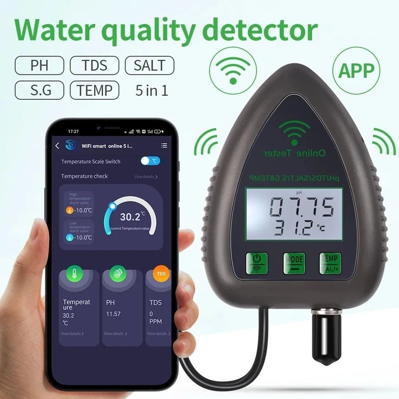 H4W0 Tuya WiFi 5 in1 เครื่องทดสอบคุณภาพน้ําออนไลน์ TDS EC SG ความเค็มอุณหภูมิ Test PH Meter Hydropon