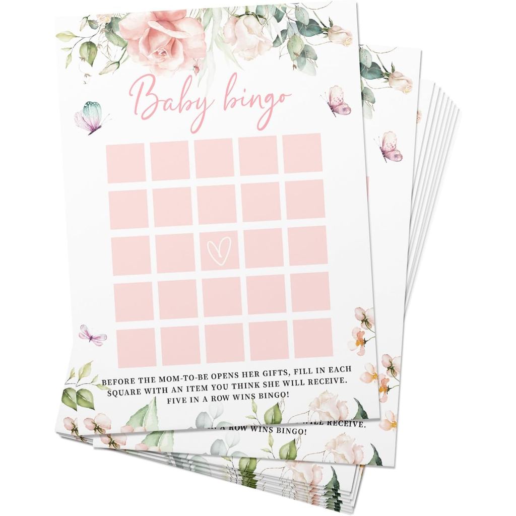 Z Baby Shower Bingo Game Girl, Baby Bingo, ชุด 50 ชิ้น, การ์ดปาร์ตี้ธีมดอกไม้ ROS