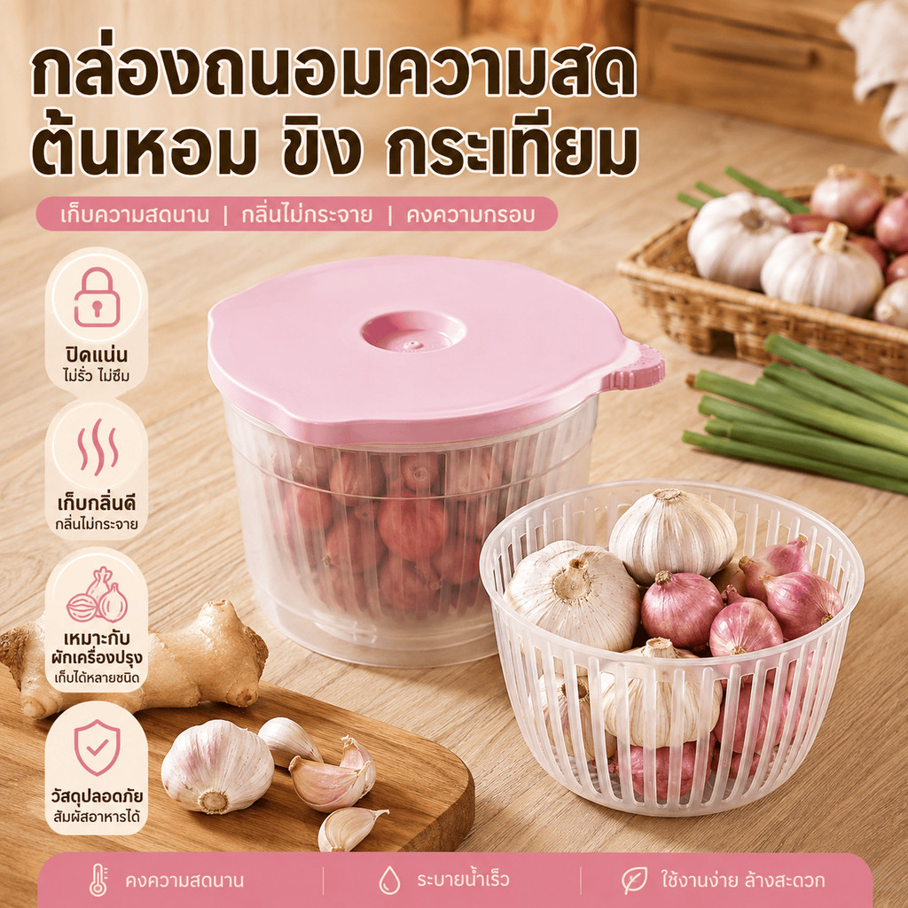 กล่องเก็บผักเครื่องปรุงพร้อมตะแกรงกรองน้ำ ช่วยลดความชื้น เก็บต้นหอม ขิง กระเทียม ให้หยิบมาใช้สะดวกและเป็นระเบียบ