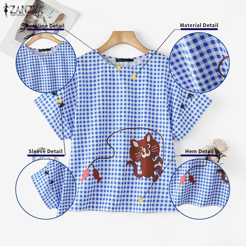 ZANZEA ผู้หญิงเกาหลีวินเทจ Kawaii ลูกเรือคอ Raglan แขนการ์ตูนพิมพ์ลายสก๊อตเสื้อหลวม — صورة 7
