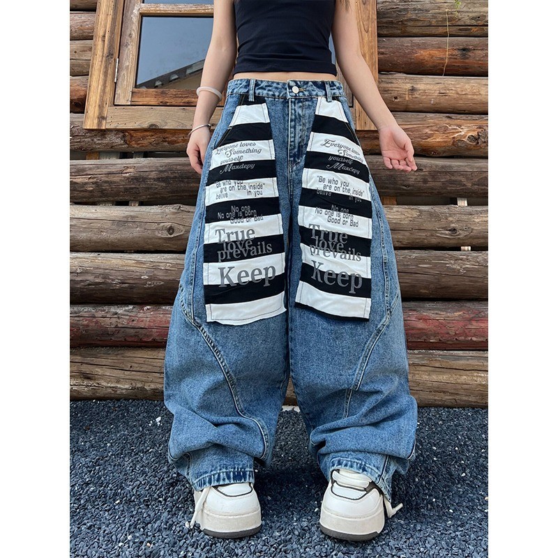 Washed Patch Macete Jeans West Coast American Pants High Street vibe Loose Straight Casual Wide Leg 