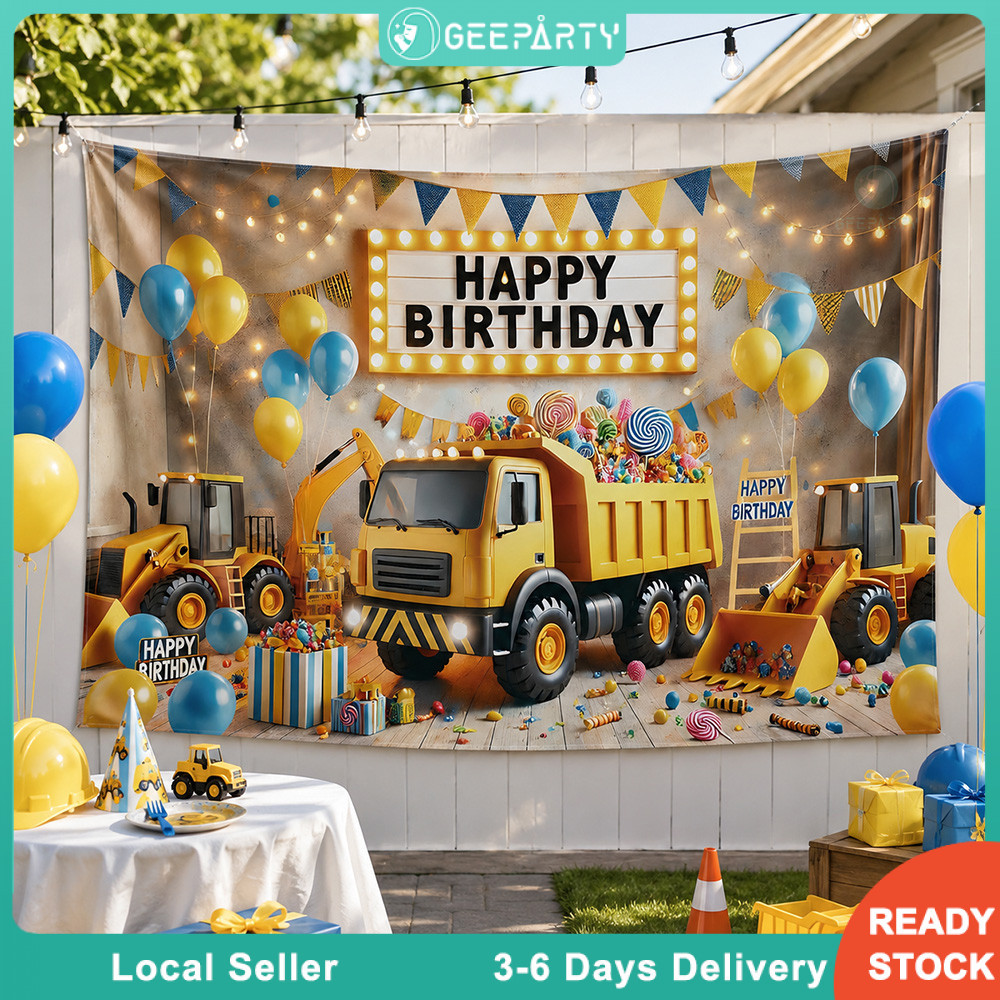 GeeParty ผ้าฉากหลัง 150CM 3D รถตัก ธีมรถก่อสร้าง ตกแต่งวันเกิดเด็ก ฉากถ่ายรูป