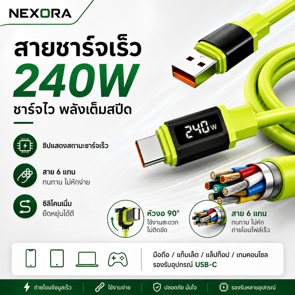NEXORA สายชาร์จ USB C 240W PD QC SCP หัวตรง หัวงอ 90 องศา ถักไนลอน ชาร์จไว ถ่ายโอนข้อมูล