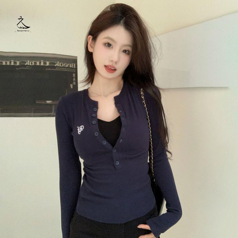 [HSSL] American Vintage V คอปักเสื้อยืดแขนยาวผู้หญิง Slim Fit Top 2026 Retro Design สําหรับสวมใส่ทุก