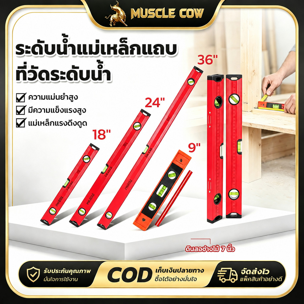 MUSCLE COW ระดับน้ำแม่เหล็กแถบ 9/18/24/36" แม่นยำสูง แข็งแรงทนทาน ใช้งานช่างและDIY 100%แท้