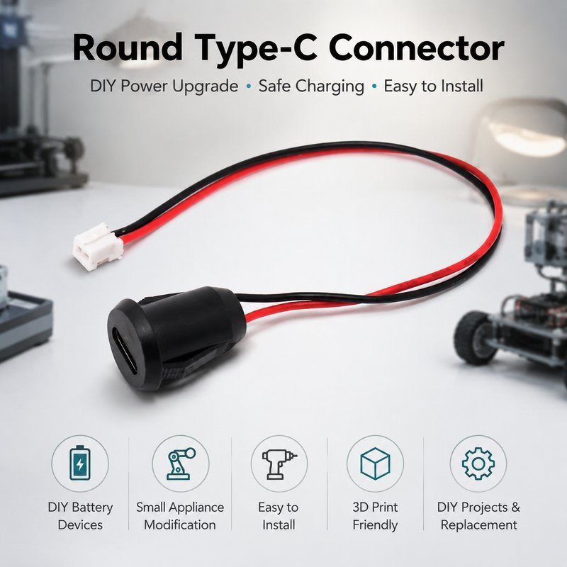 กันน้ำ ซ็อกเก็ต USB-C ตัวเมีย 5V 3A แจ็ค USB-C ตัวเมีย แบบกลมพร้อมสาย PH2.0 2 พิน สำหรับงานติดตั้งแผ