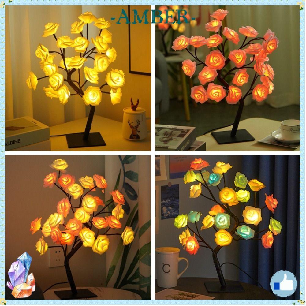 AMBER Rose Flower Tree Night Light,ของขวัญวันวาเลนไทน์ USB Powered Rose Flower Tree Lamp,LEDตกแต่งวั