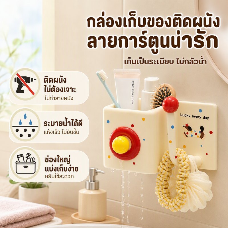 กล่องเก็บของติดผนัง ลายการ์ตูน ที่ใส่แปรงสีฟัน ยาสีฟัน ติดกาวไม่ต้องเจาะ มีรูระบายน้ำ กันชื้น ถอดล้างได้