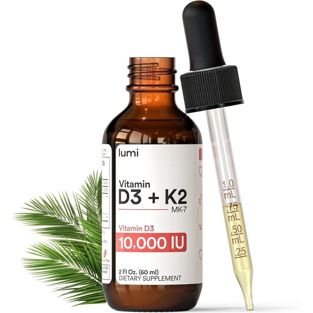 Lumi วิตามิน D3 K2 MK7 w Palm MCT Oil - 10000 IU D3, 200 mcg K2 MK7-60ml Liposomal Absorption Sublin