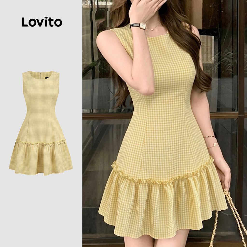 Lovito เดรสสีเหลืองสง่างาม ชายระบาย ซิป ฤดูร้อน/ฤดูร้อน สําหรับผู้หญิง LK6ED230