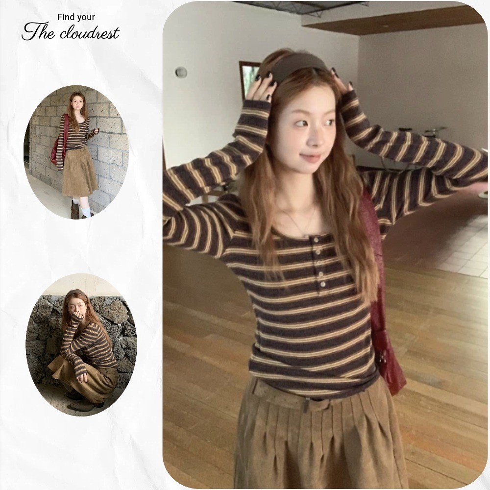ใหม่แขนยาวลายเสื้อยืดใหม่แฟชั่นฤดูใบไม้ร่วง เซ็กซี่สีกาแฟเสื้อ Top