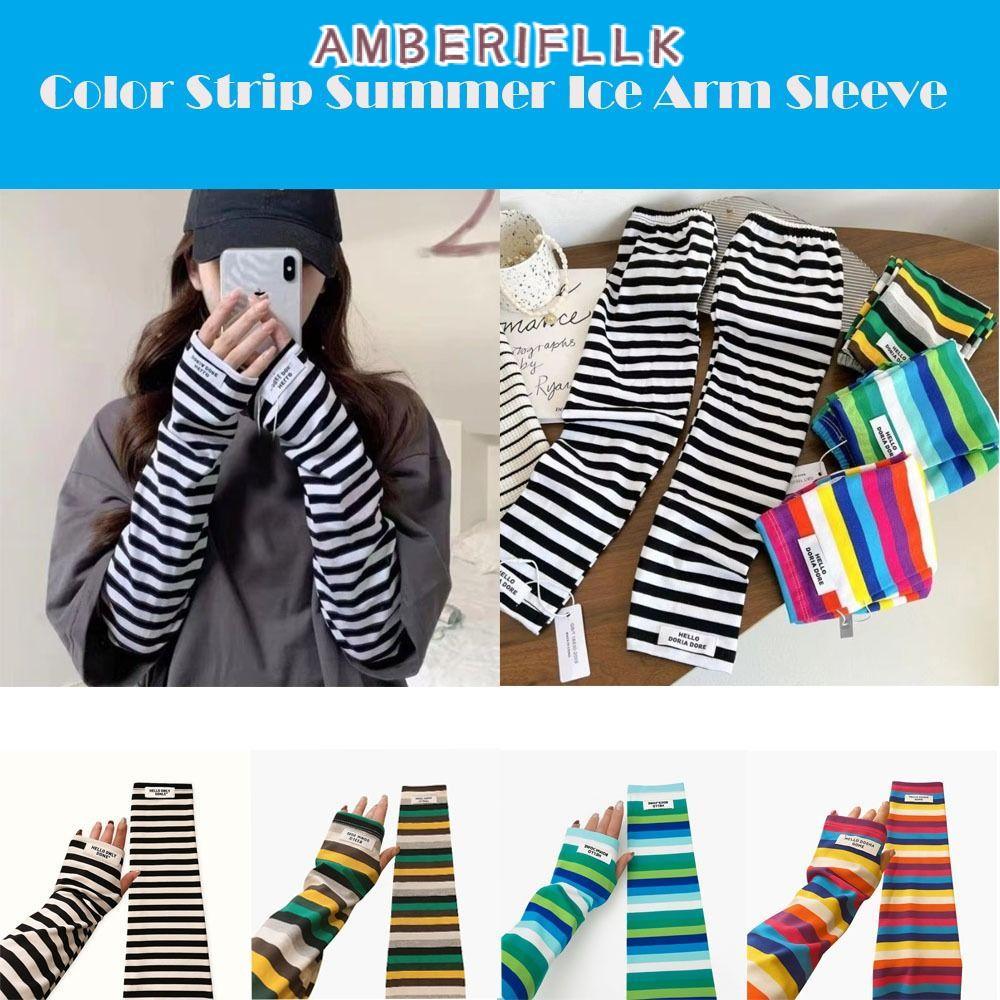 AMBER1FLLK Sunblock Sleeve, Harajuku Stripe Color Strip Ice Arm Sleeve, Y2k Anti-sunburn Loose Long 